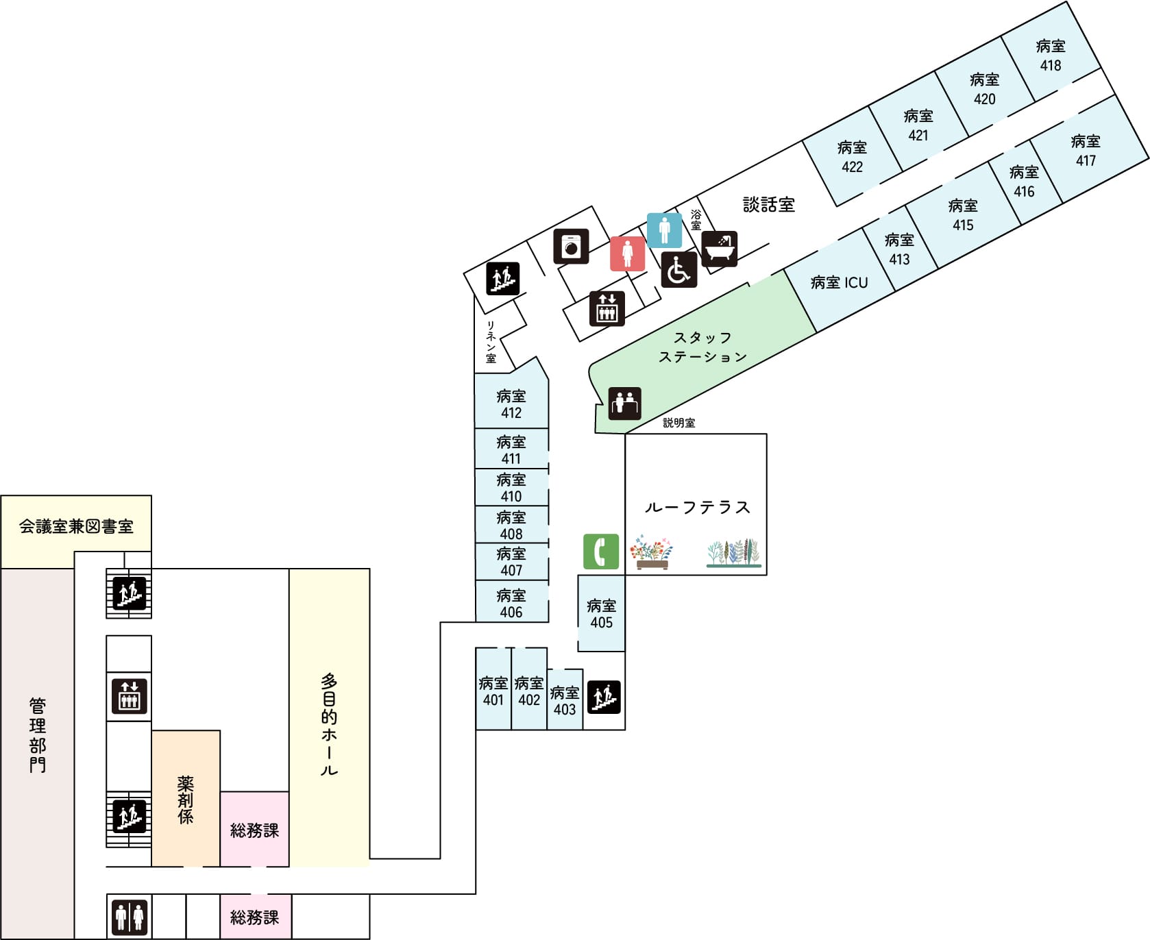 4階本館、東館のフロアマップ